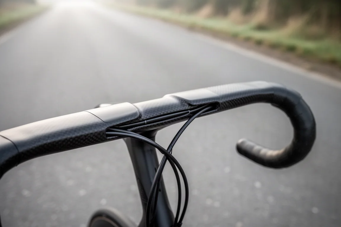 Einteiliger integrierter Carbon-Rennradlenker mit verdeckten Zügen über unscharfem Asphalt