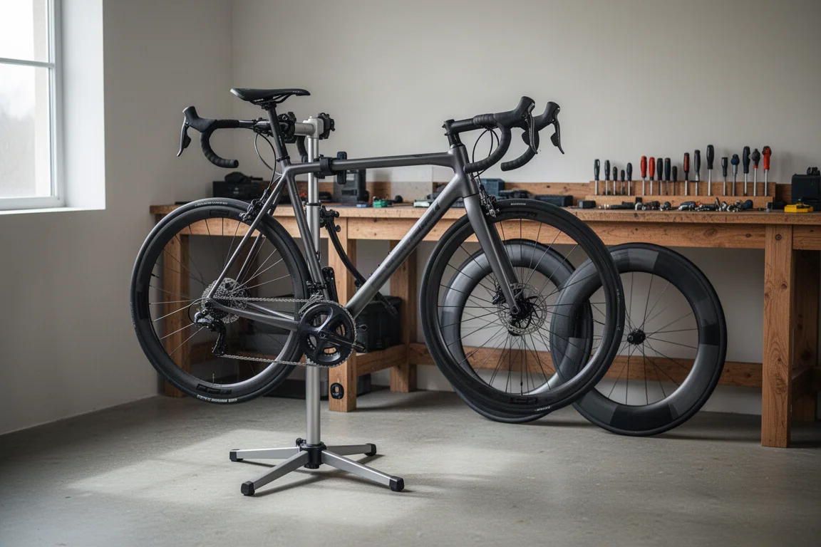 Rennrad auf einem Montageständer mit einem Ersatzpaar Carbonlaufräder in einer Werkstatt