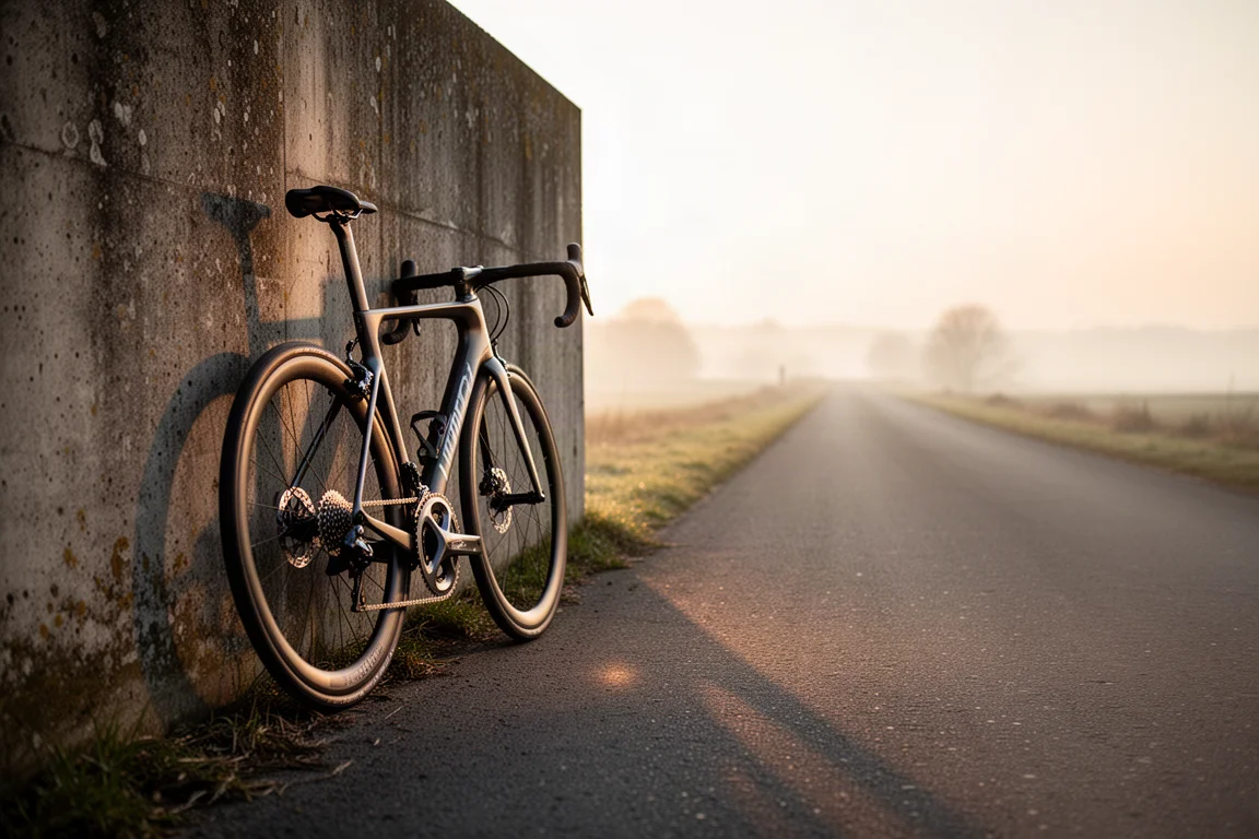 Carbon aero road bike resting against a wall at dawn before a ride