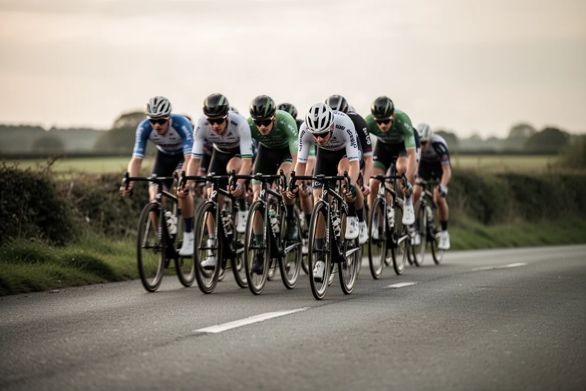 Group of road cyclists riding fast in a paceline on an open road