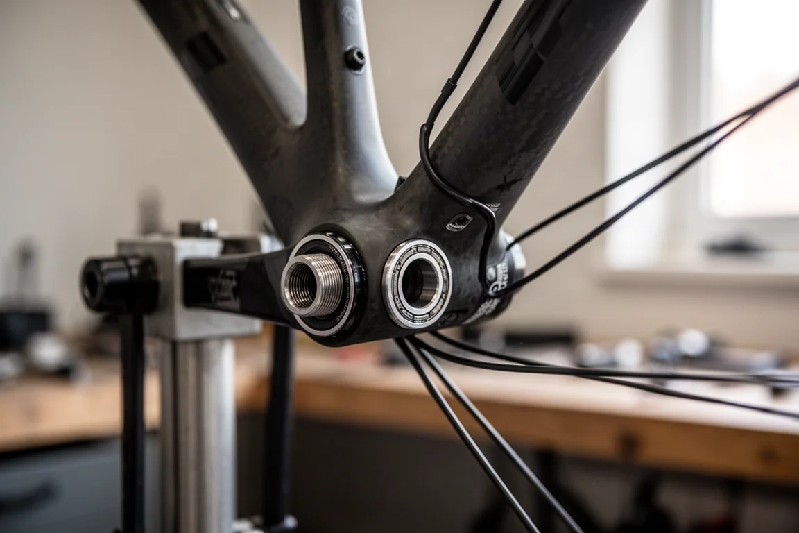 Close-up of a road bike bottom bracket area and crank on a work stand