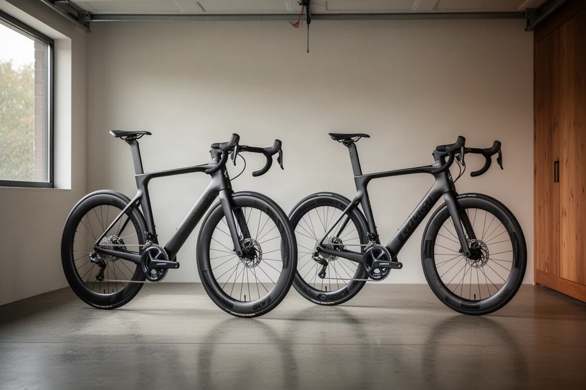 Two road bikes side by side in a garage, one older and one newer