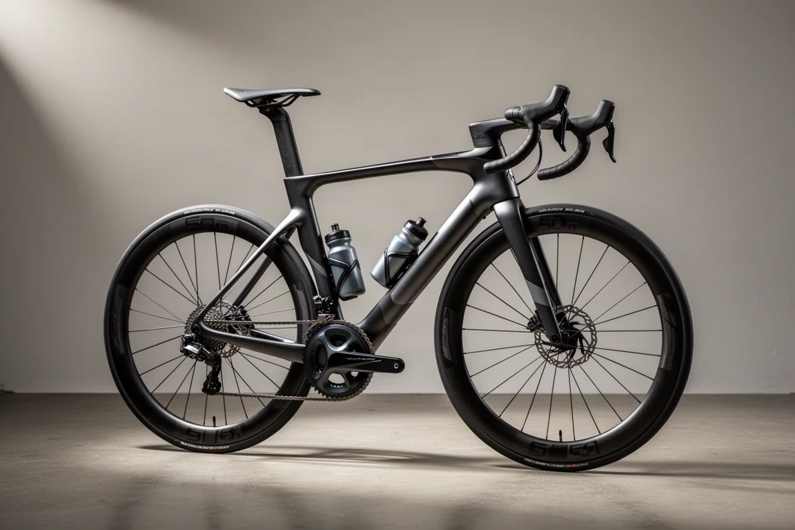 Carbon aero road bike with deep-section wheels and aero bottles on a concrete floor
