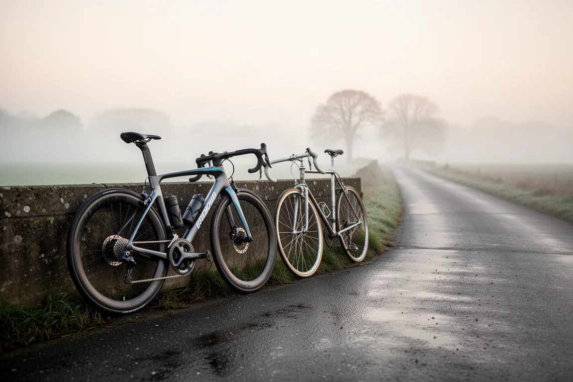 Zwei Rennräder lehnen im Morgengrauen an einer Betonwand an einer nebligen Landstraße
