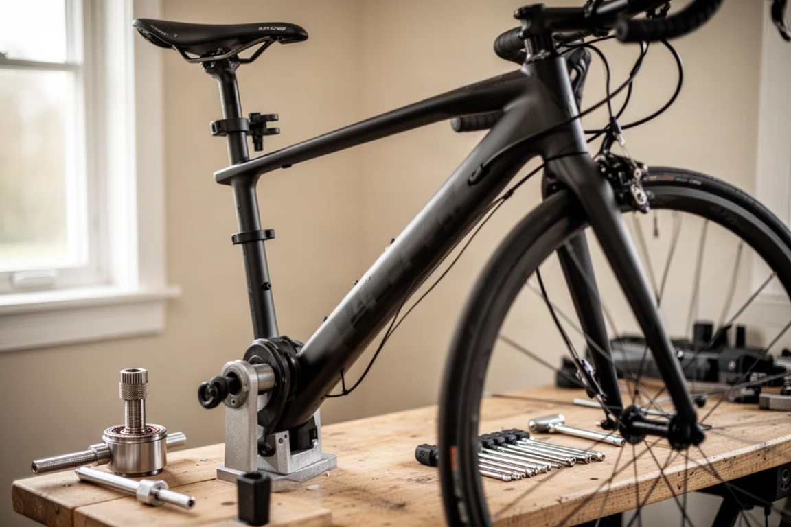 Rennrad in einem Montageständer in der heimischen Werkstatt mit Innenlagerwerkzeug und Inbusschlüsseln
