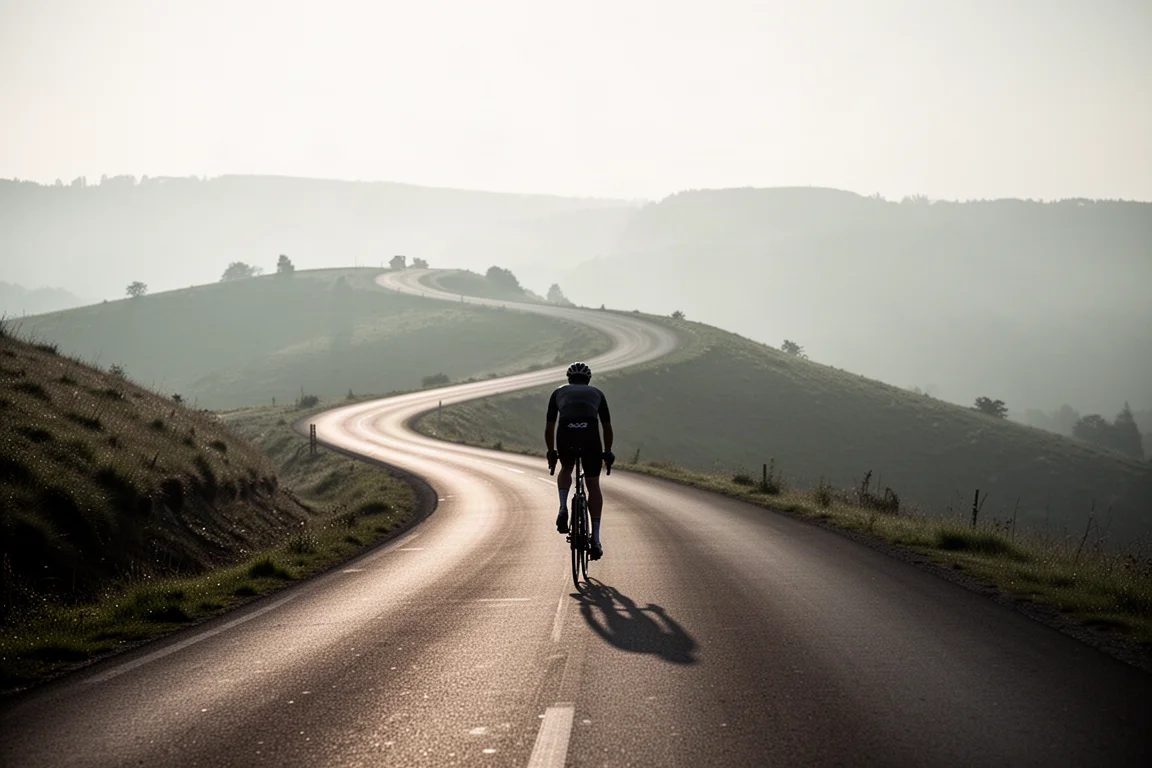 Rennradfahrer bei der Auffahrt auf einen kurvenreichen Anstieg im weichen Licht des frühen Morgens