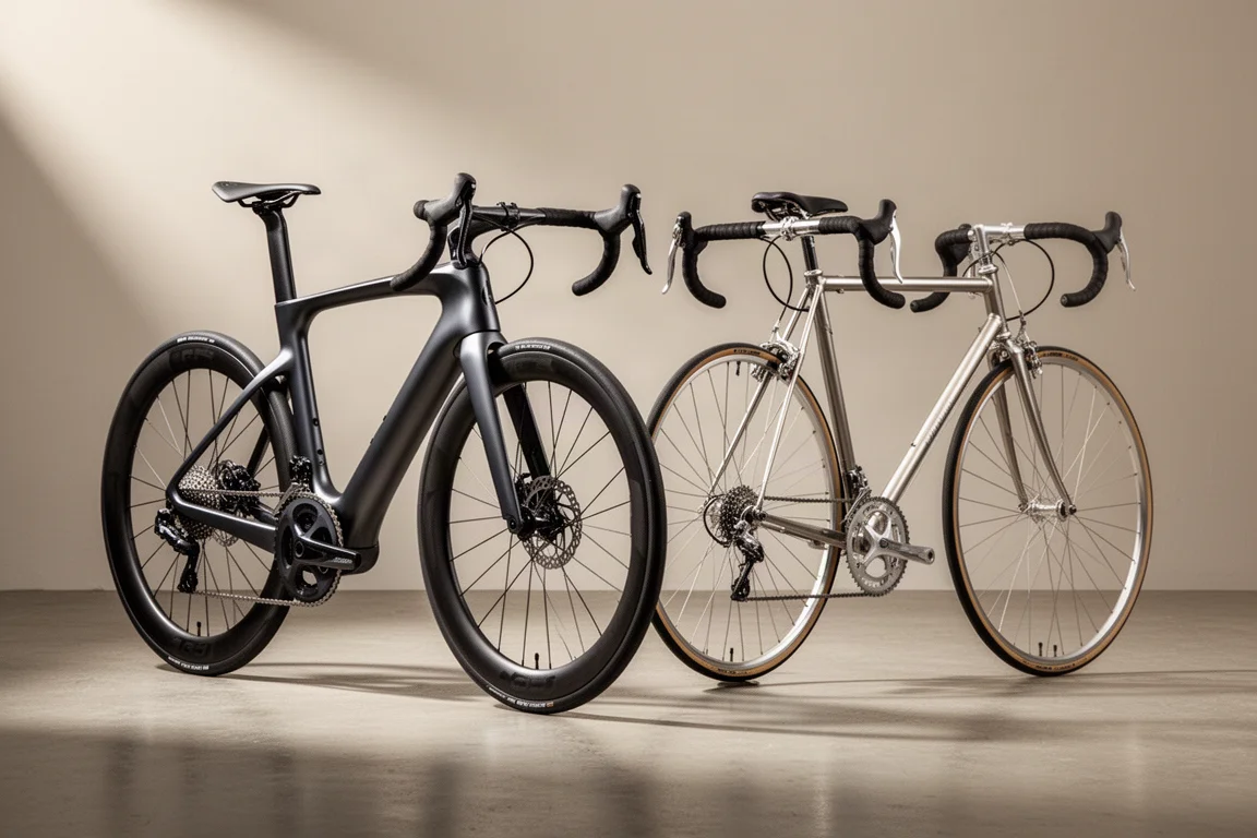 Modern aero road bike and classic round-tube road bike side by side on a concrete surface