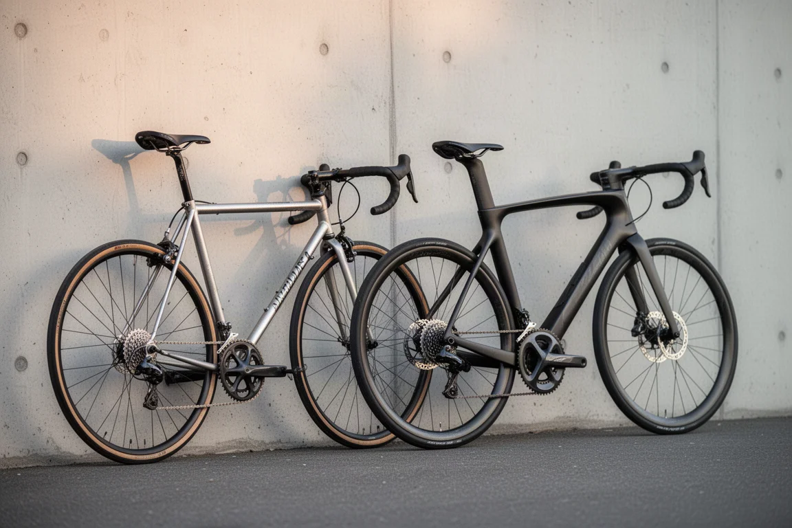 Two road bikes against a concrete wall, one classic rim brake model and one modern aero disc brake model