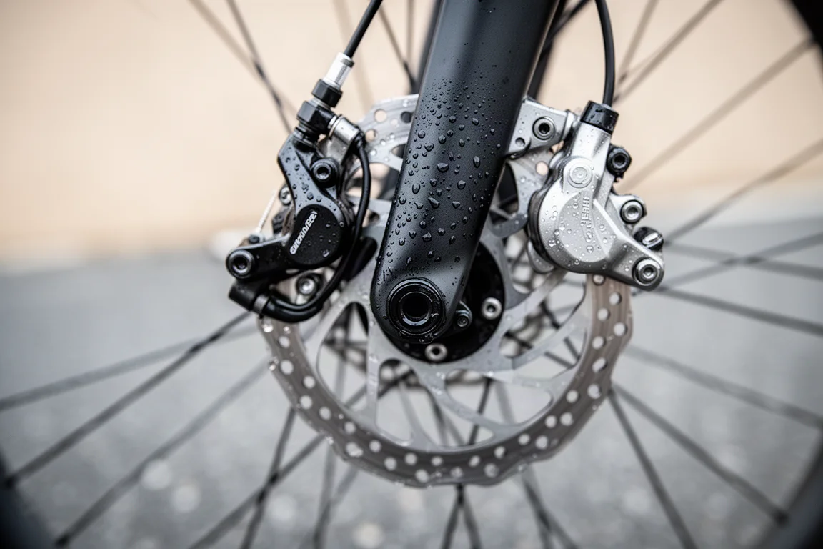 Close-up of a road bike hydraulic disc brake rotor and caliper with water droplets