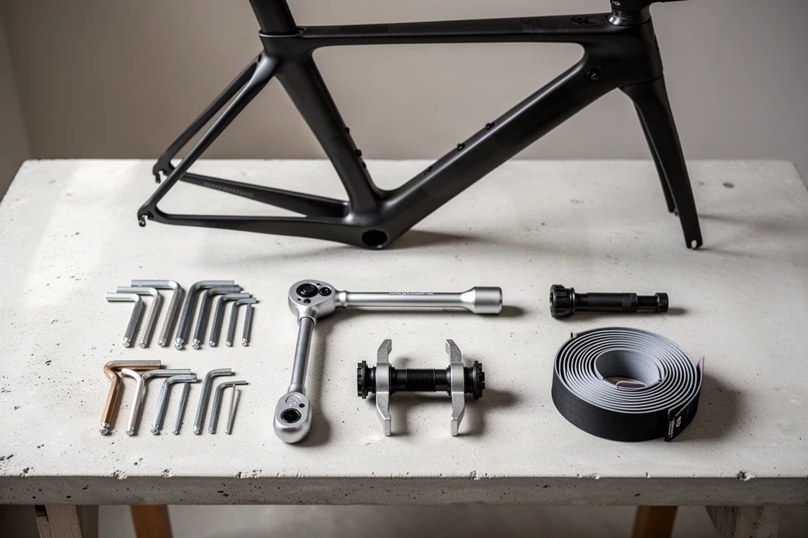 Flat-lay of bike workshop tools on a concrete bench beside a carbon road frame