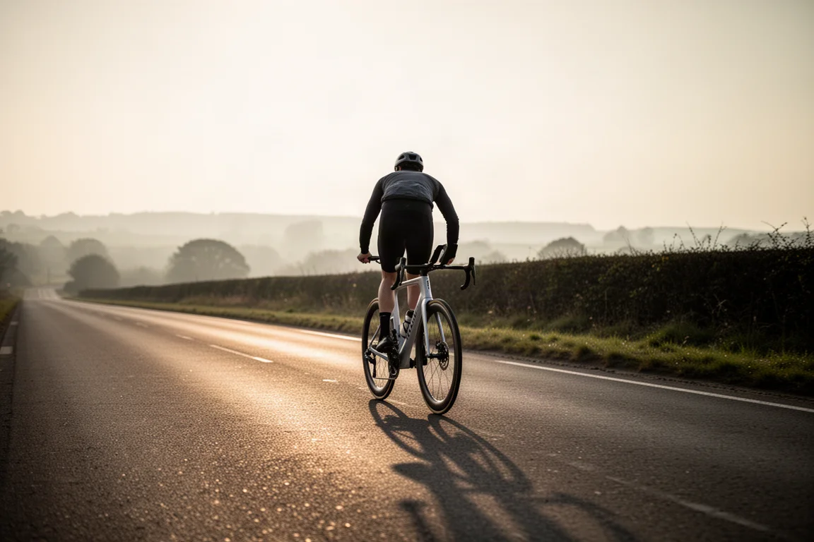 Cyclist riding a modern road bike on an open road at golden hour, seen from behind