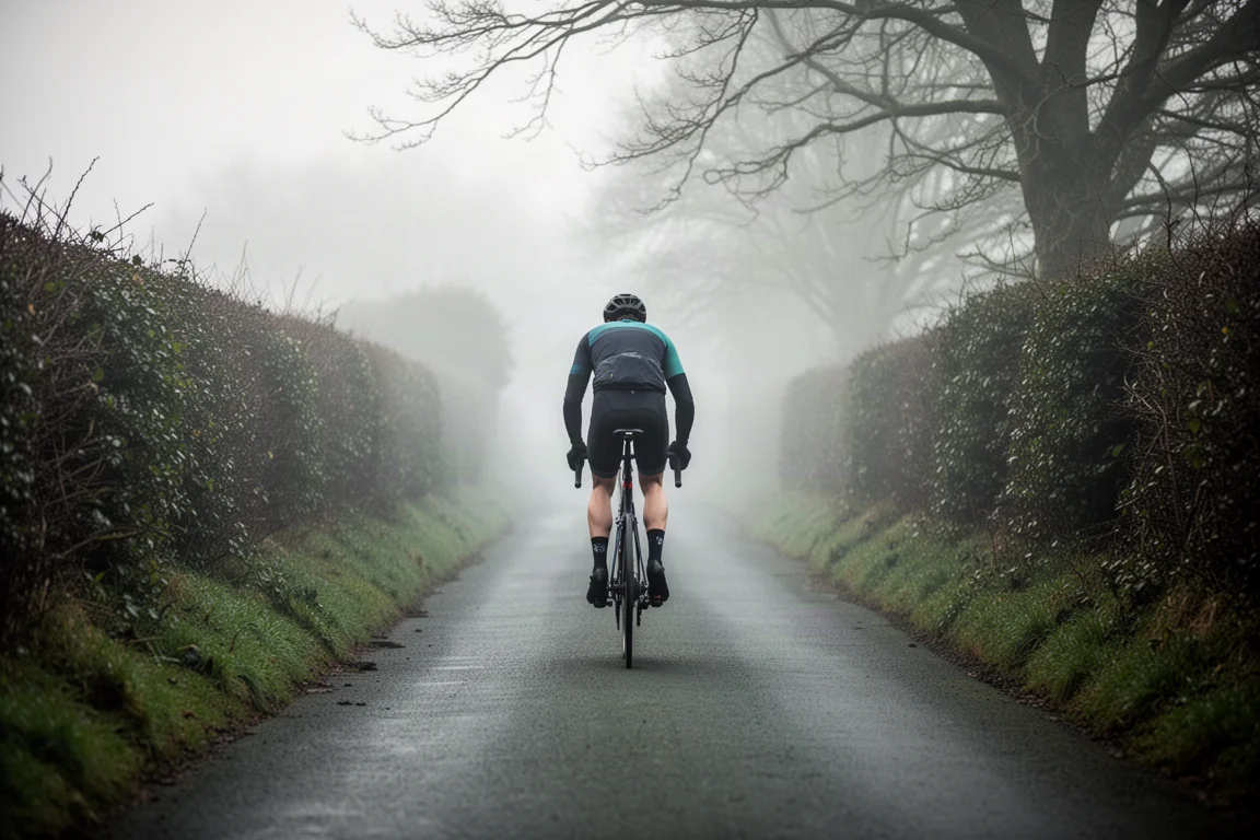 Cycliste gravissant en danseuse une ruelle étroite et raide dans une légère brume matinale