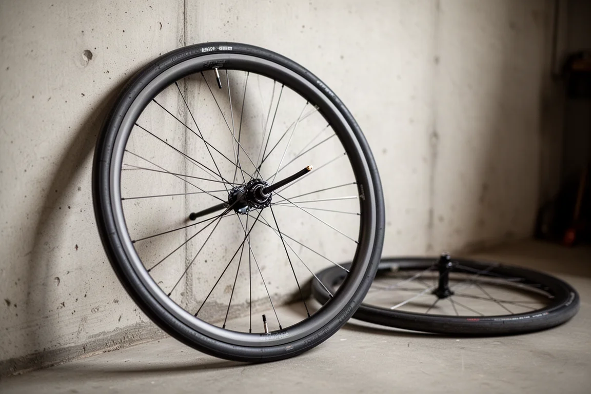 Roue de route légère à freins sur jante avec pneu tubulaire appuyée contre un mur d'atelier