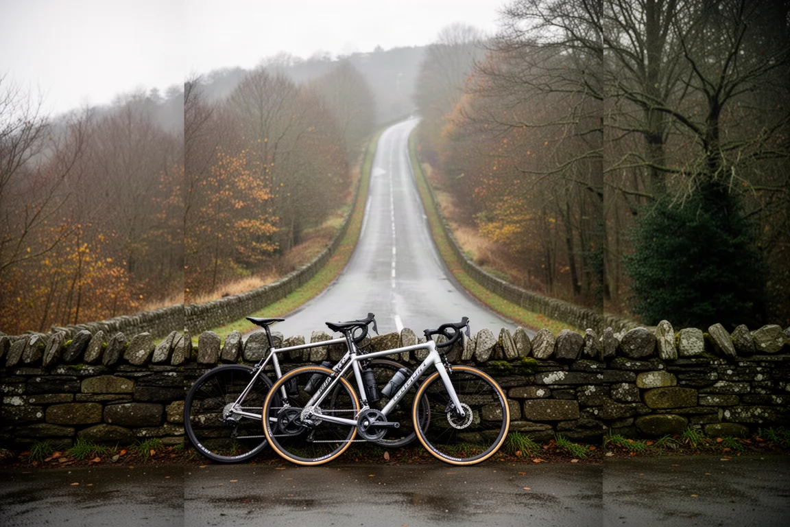 Vélo de route léger posé au pied d'un parcours raide de course de côte