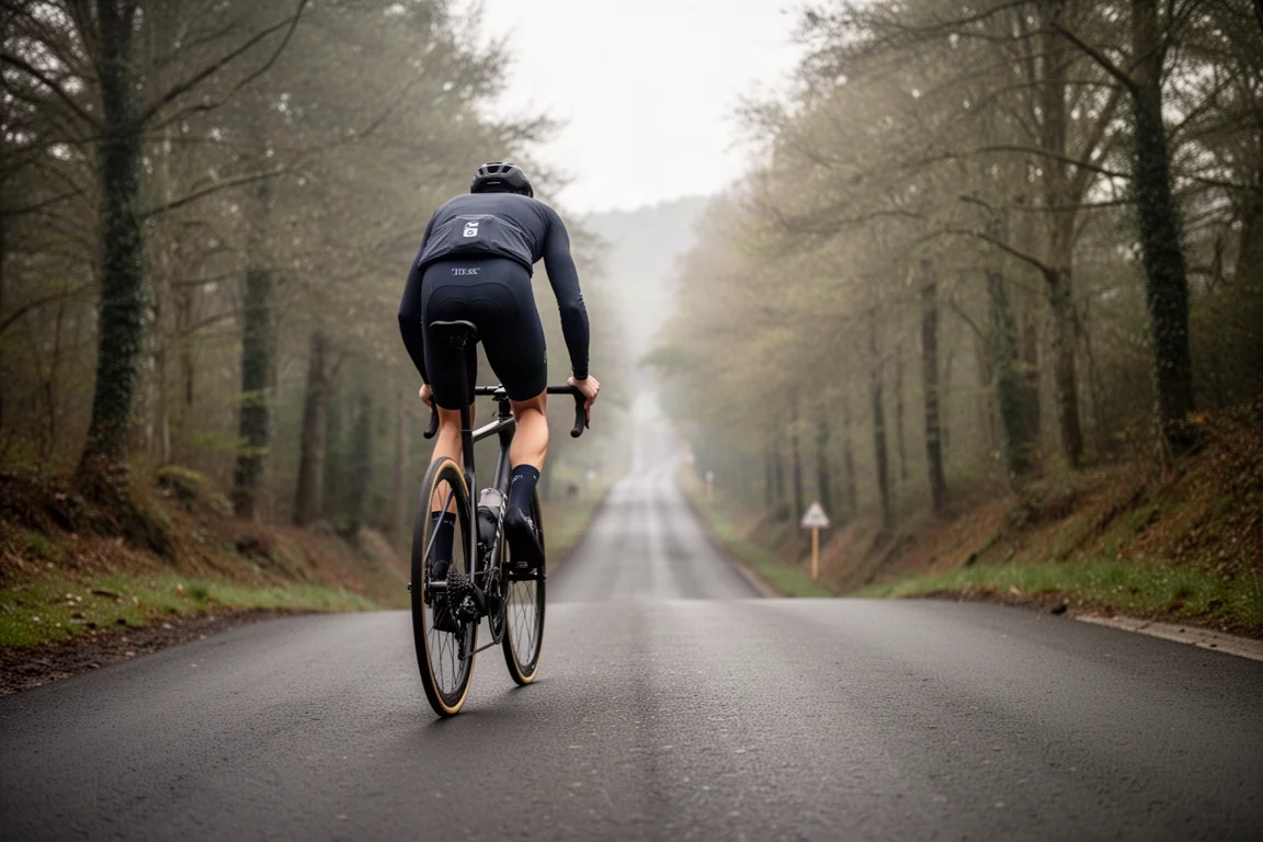 Cycliste en danseuse sur les pédales d'un vélo de route dans une côte raide sur asphalte