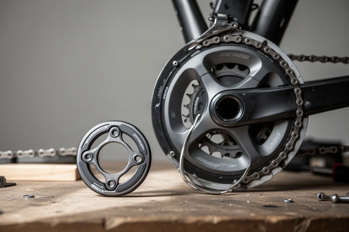 Pédalier de vélo avec capteur de puissance à étoile circulaire sur un établi d'atelier
