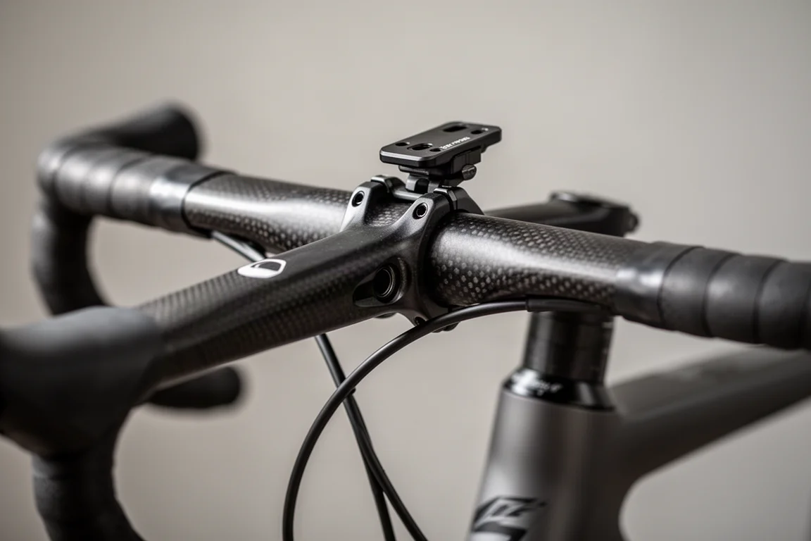 Détail du cockpit d'un vélo de route avec potence intégrée et câbles passés en dessous