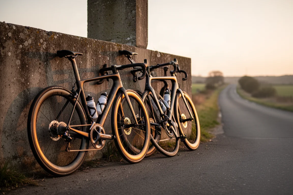 Due bici da corsa in carbonio appoggiate a un muro di cemento chiaro all'alba