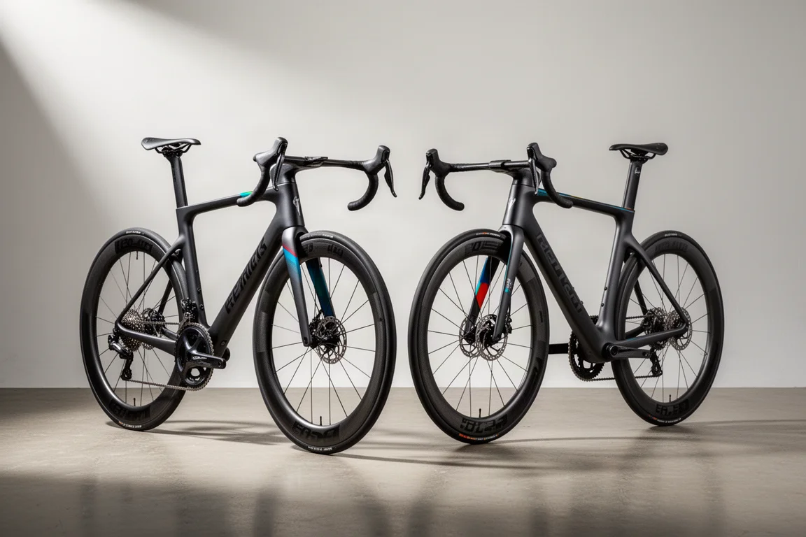 Two carbon road race bikes side by side on a concrete floor under soft studio light