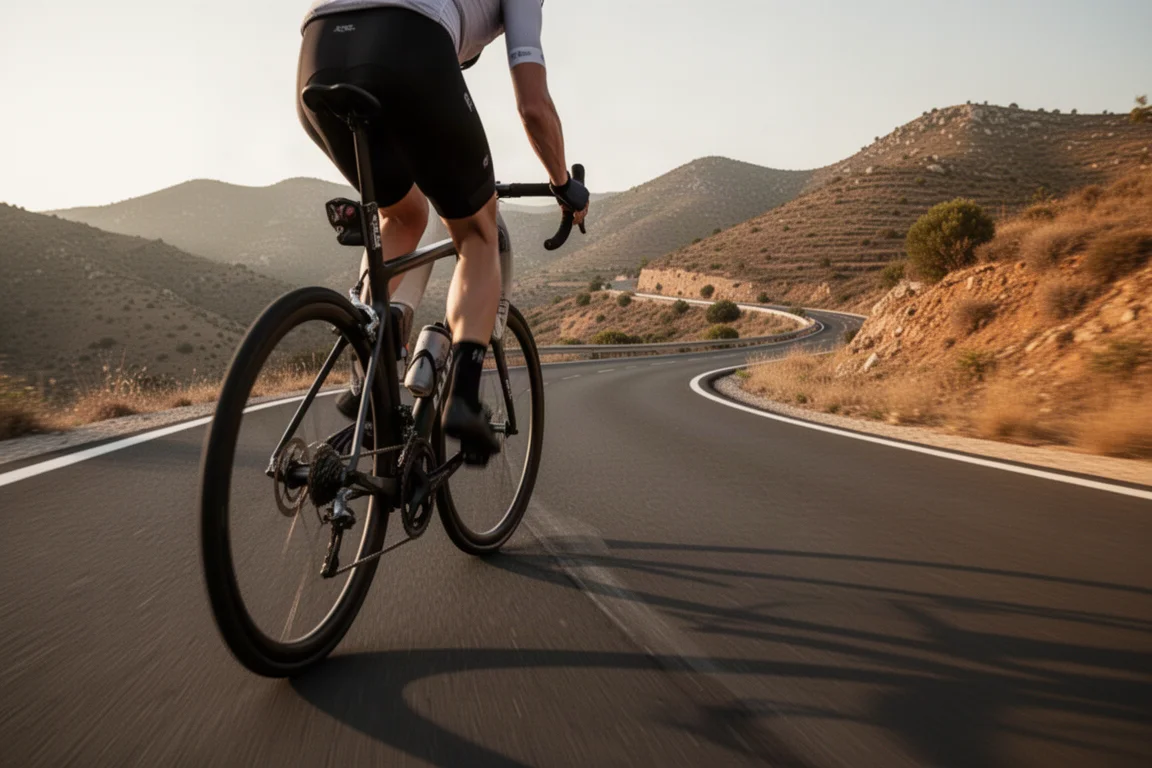 Ciclista su strada che pedala su una strada di montagna scorrevole nella luce dorata