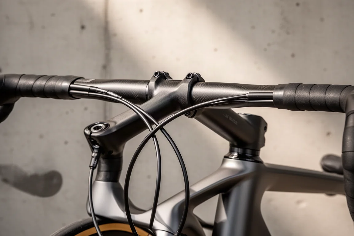 Primo piano dei cavi che entrano nel tubo sterzo di una bici da strada e del cockpit in carbonio
