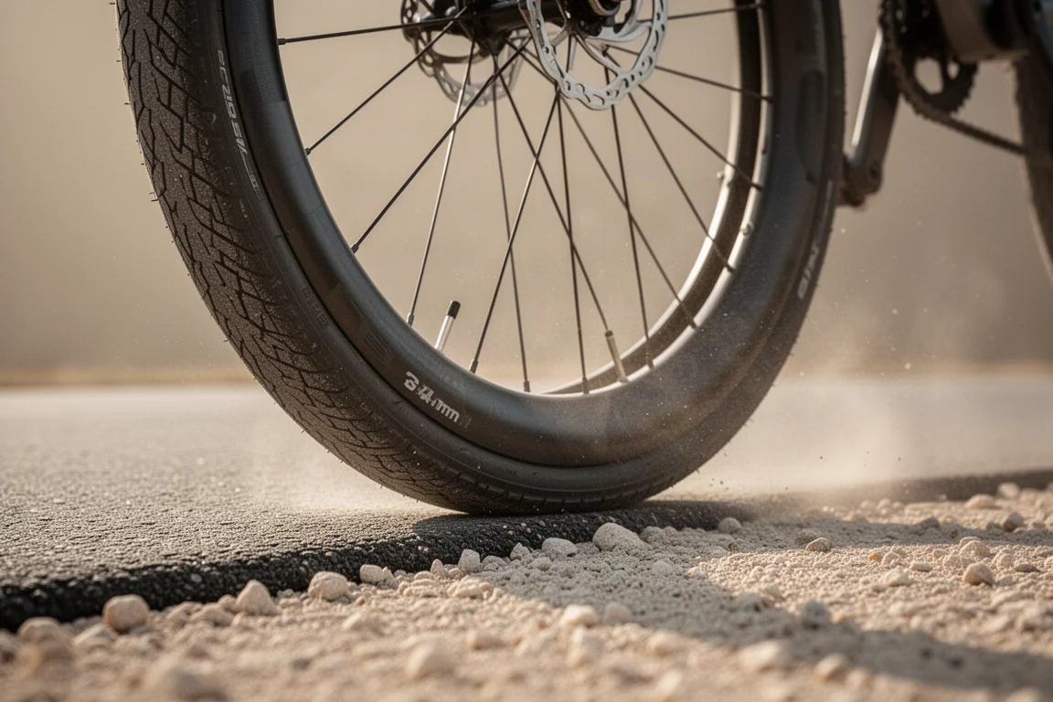 Copertone largo da strada che passa dall'asfalto a una superficie di ghiaia leggera