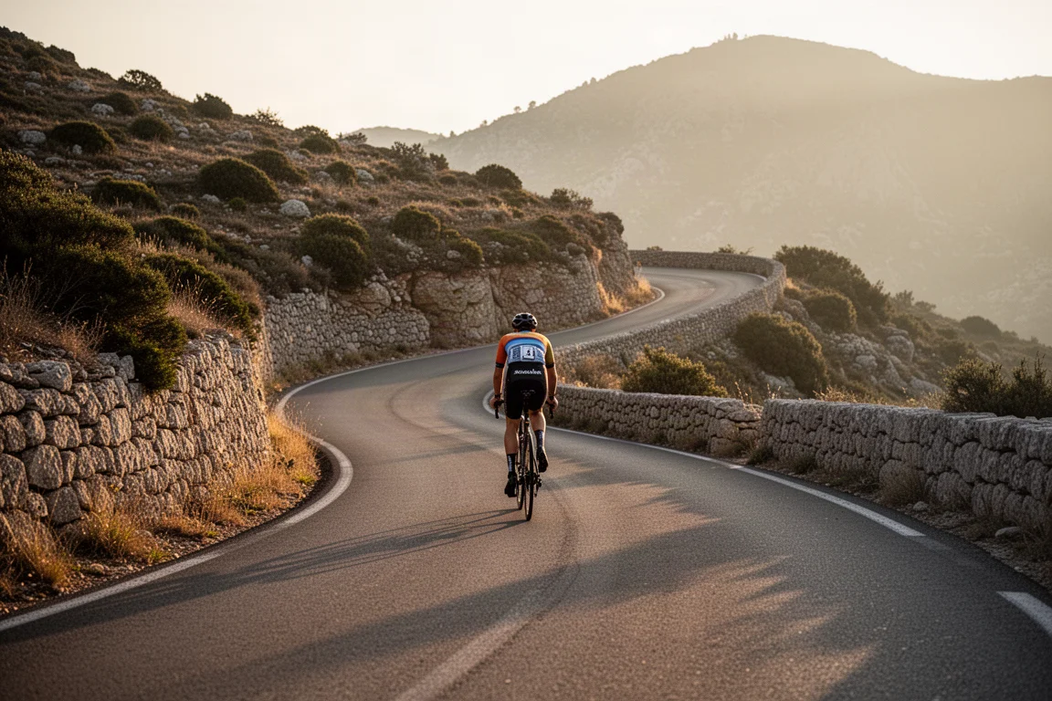 Ciclista su strada che sale su una strada di montagna a tornanti durante l'ora d'oro