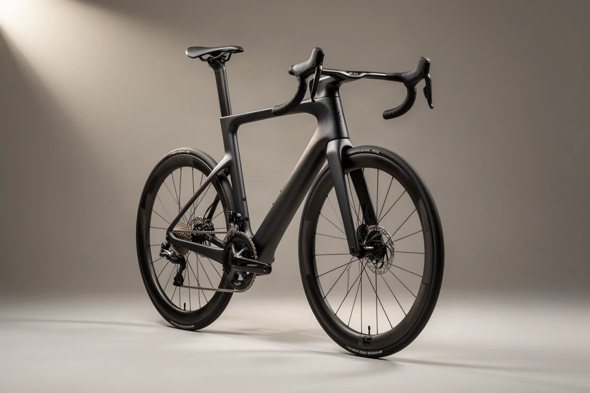 Moderna bici da corsa su strada in carbonio con cockpit integrato su sfondo grigio neutro