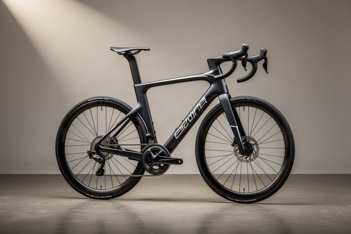 ニュートラルなグレーの背景に、斜め前から見たモダンなカーボンロードレースバイク