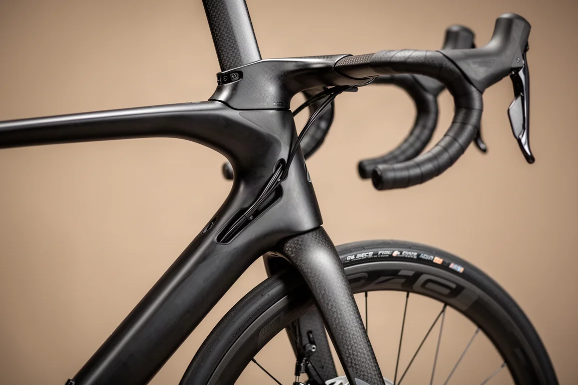 Detail eines aerodynamischen Carbon-Rennrahmens mit innenliegender Zugverlegung und Scheibenbremsrotor