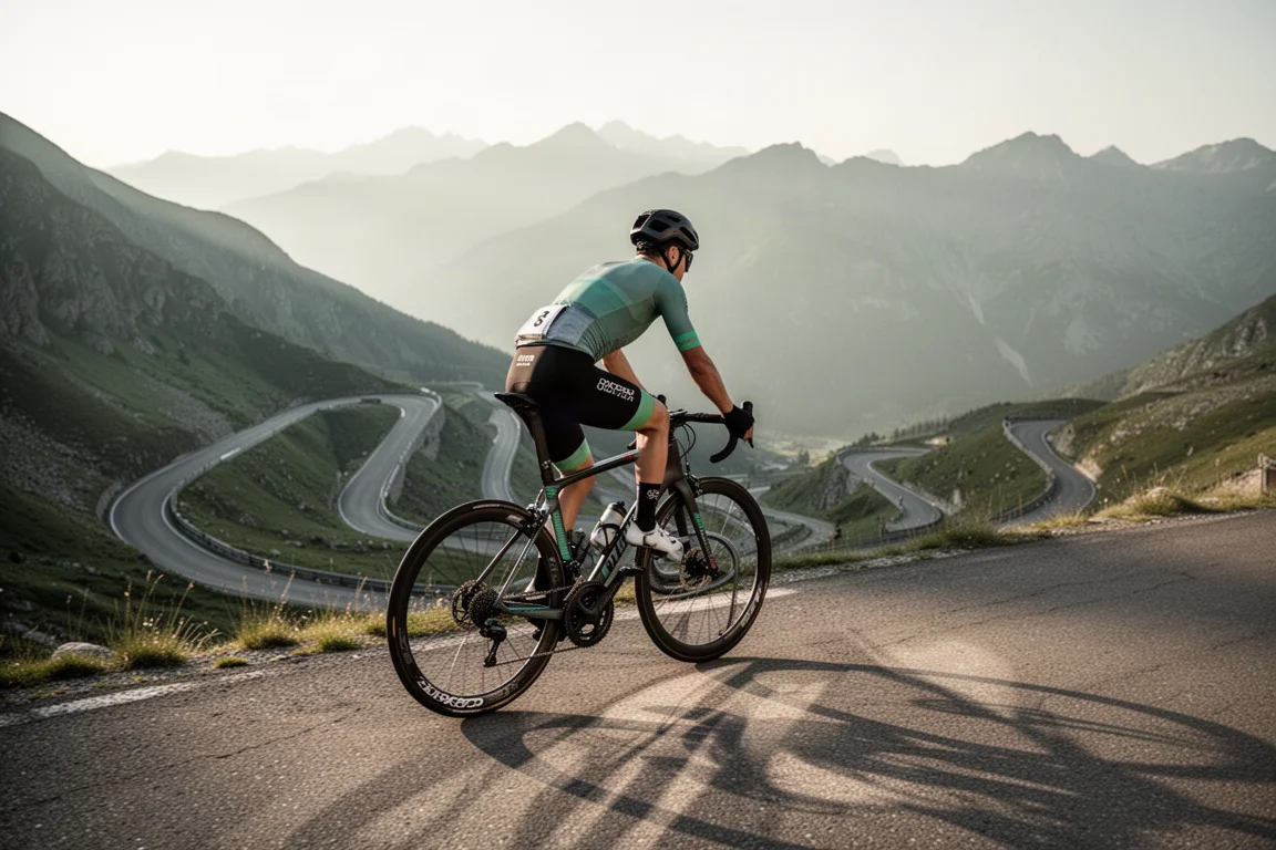 Rennradfahrer erklimmt auf einem leichten Carbon-Rad einen kurvigen Bergpass