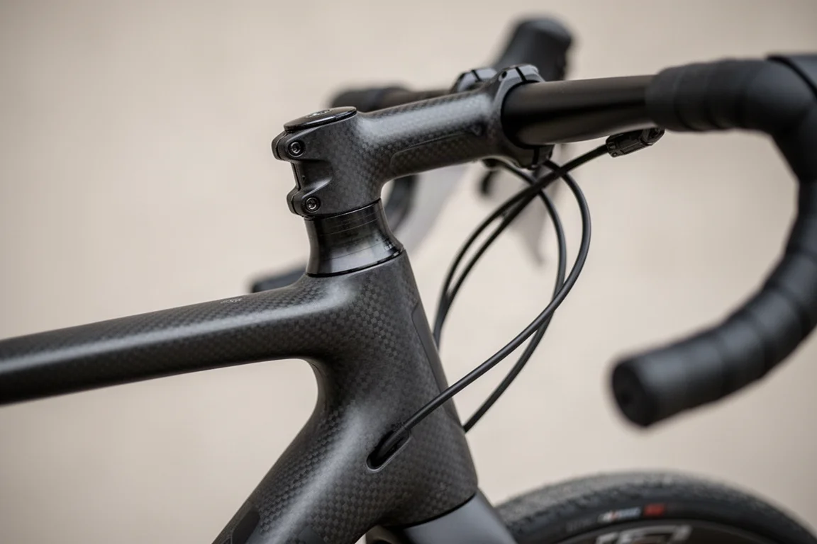 フレーム内部にブレーキホースが通されたカーボングラベルバイクのヘッドチューブのクローズアップ