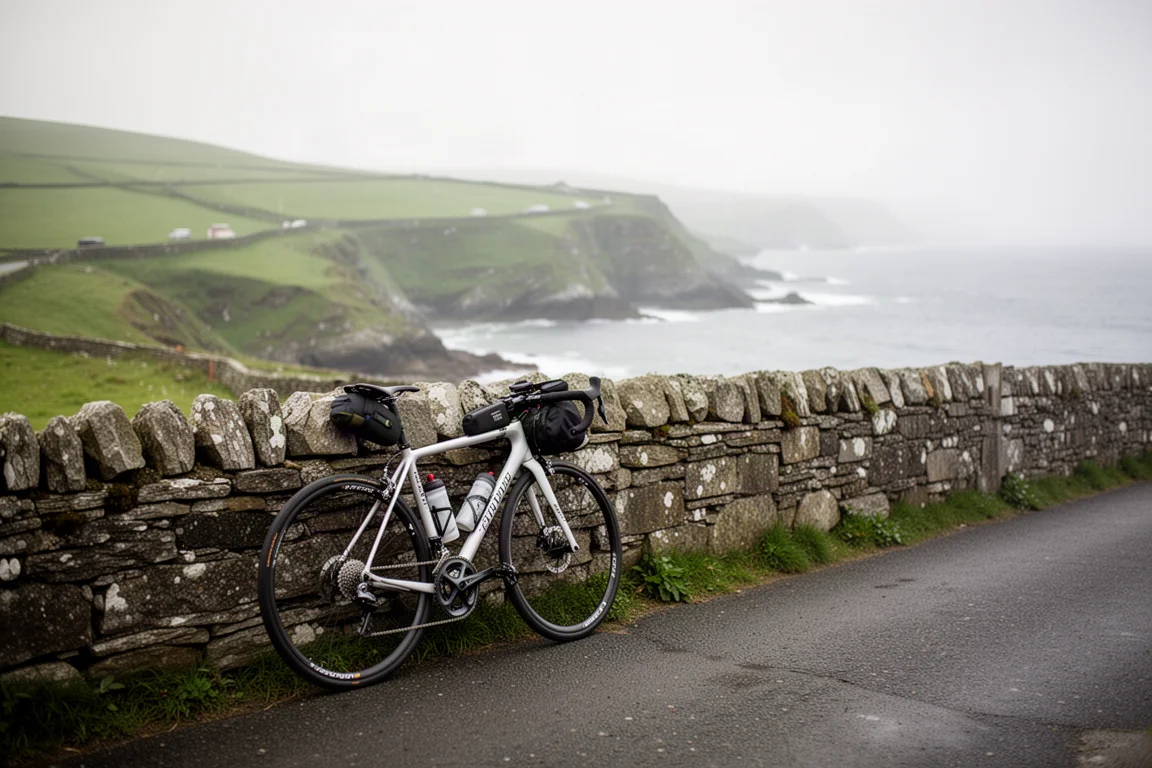 Bici de carretera de endurance cargada apoyada en un muro de piedra junto a una carretera costera de Irlanda