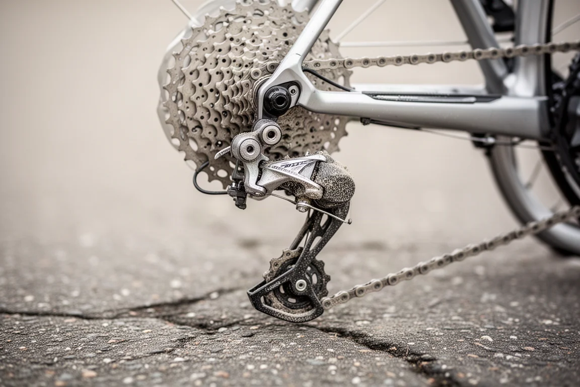 Primer plano de un cassette de amplio rango y un desviador trasero en una bici de carretera polvorienta