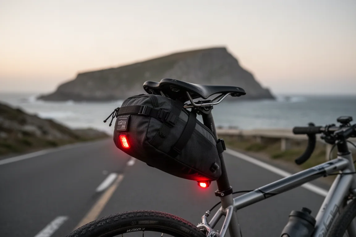 Bolsa de sillín de bikepacking con una luz trasera encendida en una bici al atardecer