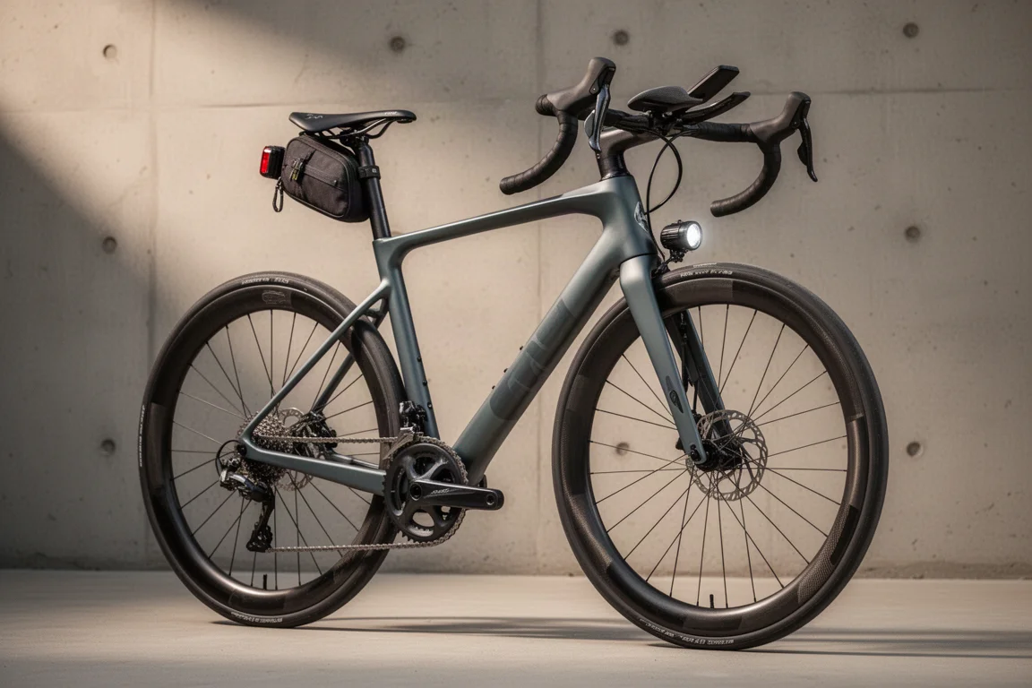 Carbon endurance road bike with wide tires, aero extensions, and a saddle bag