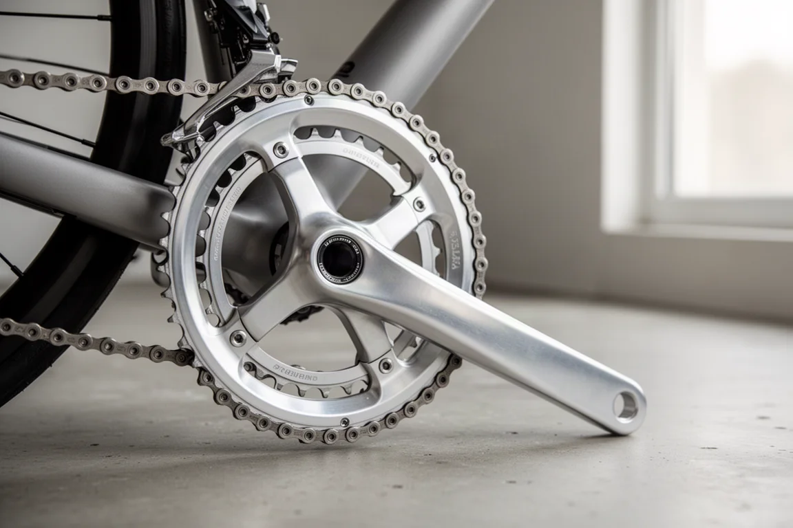 Primer plano de un juego de bielas y cadena de bicicleta de carretera con luz suave de ventana