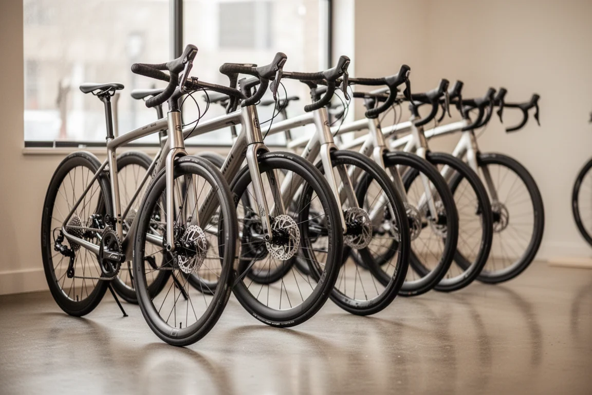 Fila de bicicletas de carretera de endurance de aluminio en el suelo de una tienda de bicicletas
