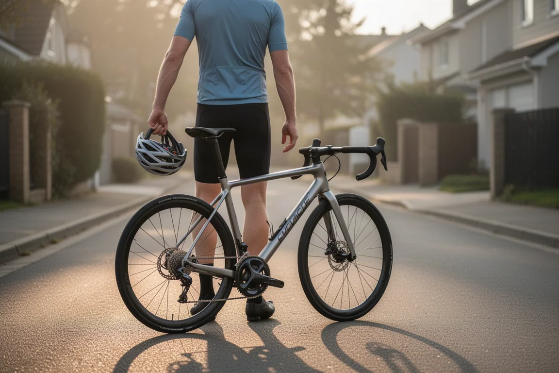 Ciclista de pie junto a una bicicleta de carretera en una calle tranquila con luz de la mañana