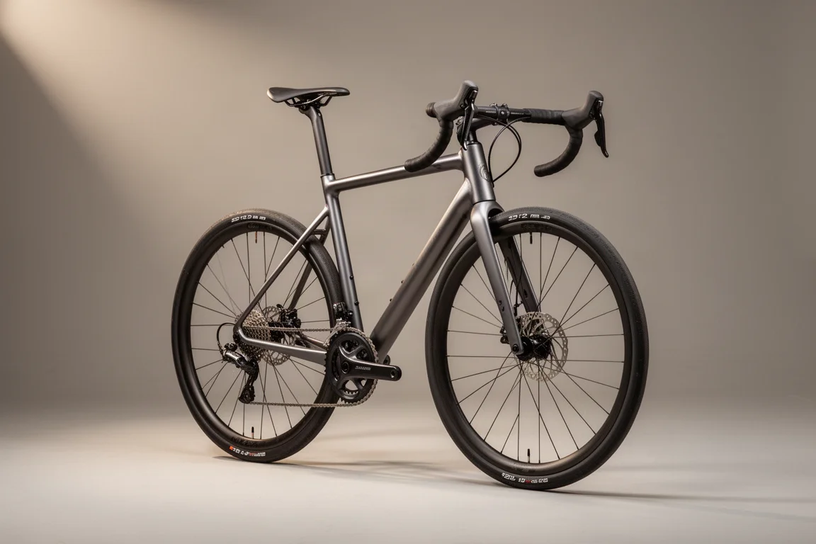 Aluminiumendurancecykel med sänkta sadelstag mot en neutral grå bakgrund