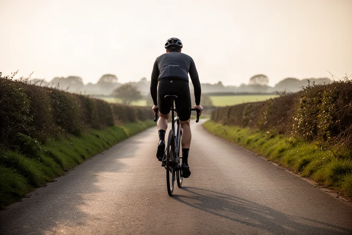 Ciclista montando una bicicleta de carretera de endurance en un camino rural tranquilo con luz suave