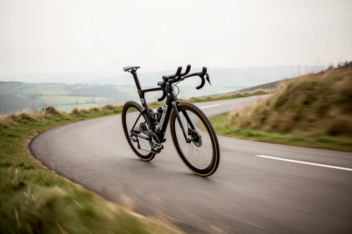 Bicicleta de carretera de endurance inclinándose en una curva durante un descenso suave