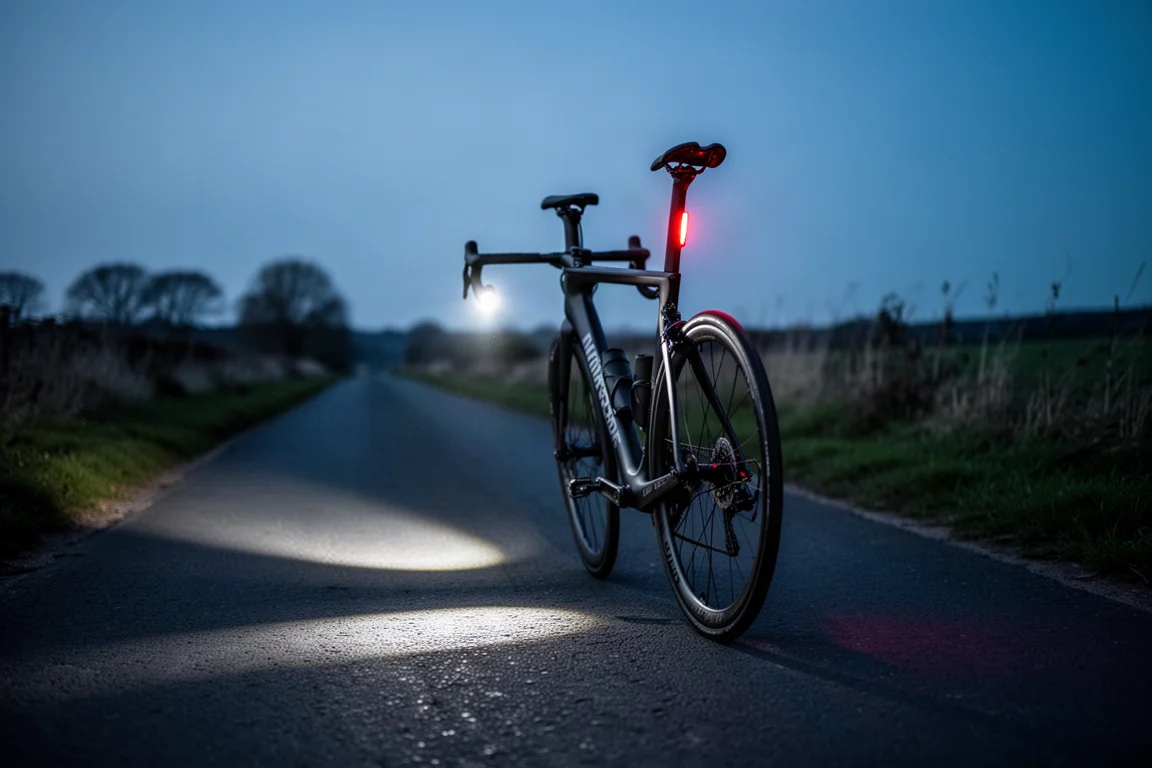 Bicicleta de carretera al atardecer con luces delantera y trasera encendidas en un camino oscuro
