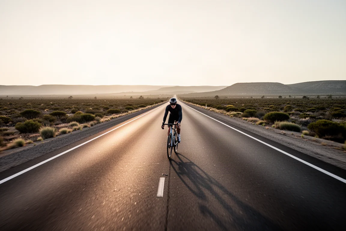 Cycliste sur route d'endurance roulant sur une route côtière déserte au lever du soleil