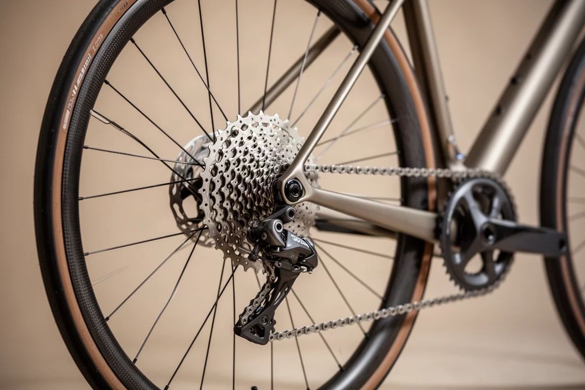Gros plan sur une cassette à large amplitude et un dérailleur arrière sur un vélo de route