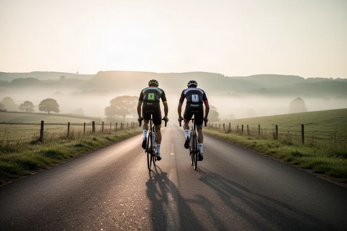 Two road cyclists riding side by side on an empty country road at sunrise