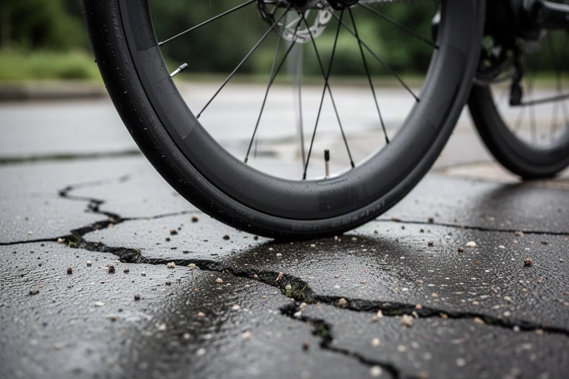 Close-up of a wide road bike tyre and shallow rim on wet broken tarmac