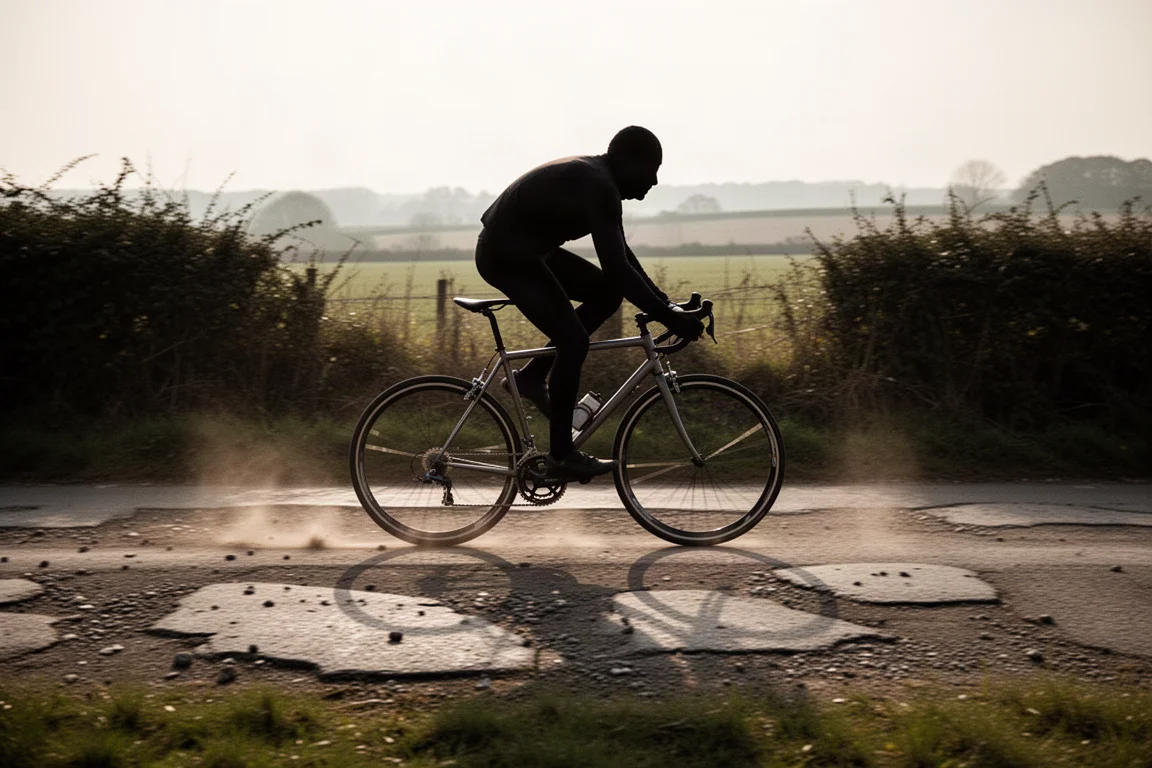Cyclist riding a road bike across a rough patched country lane in late light