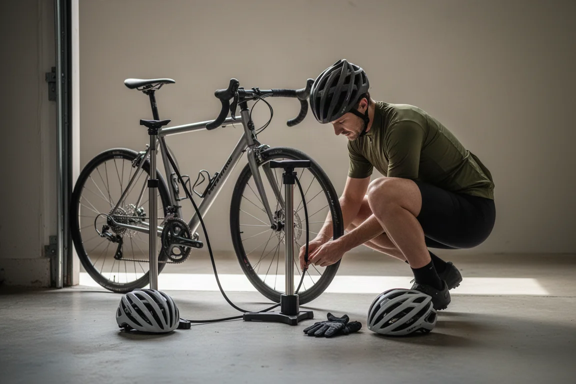Cyclist checking tyre pressure with a floor pump beside a road bike at a garage doorway