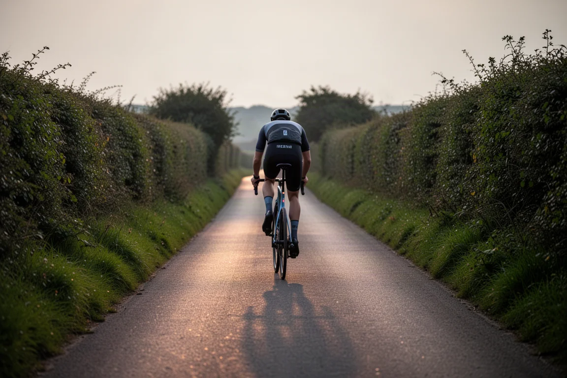 Ciclista de carretera rodando solo por asfalto abierto al amanecer, con una niebla suave sobre los campos